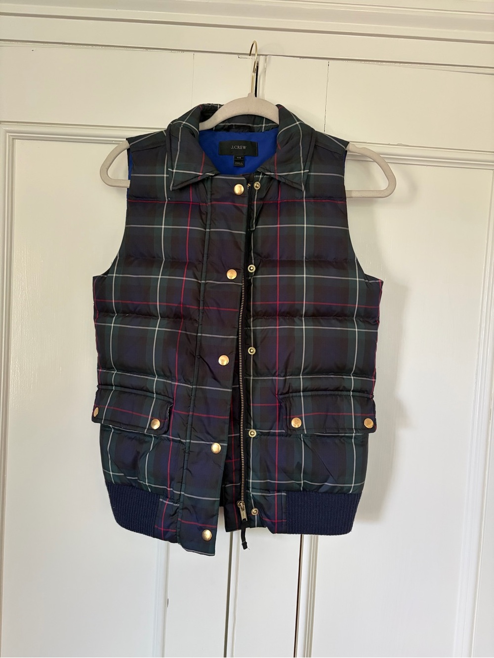 J. Crew Black Navy Plaid Quilted Puffer Vest with Gold Hardware